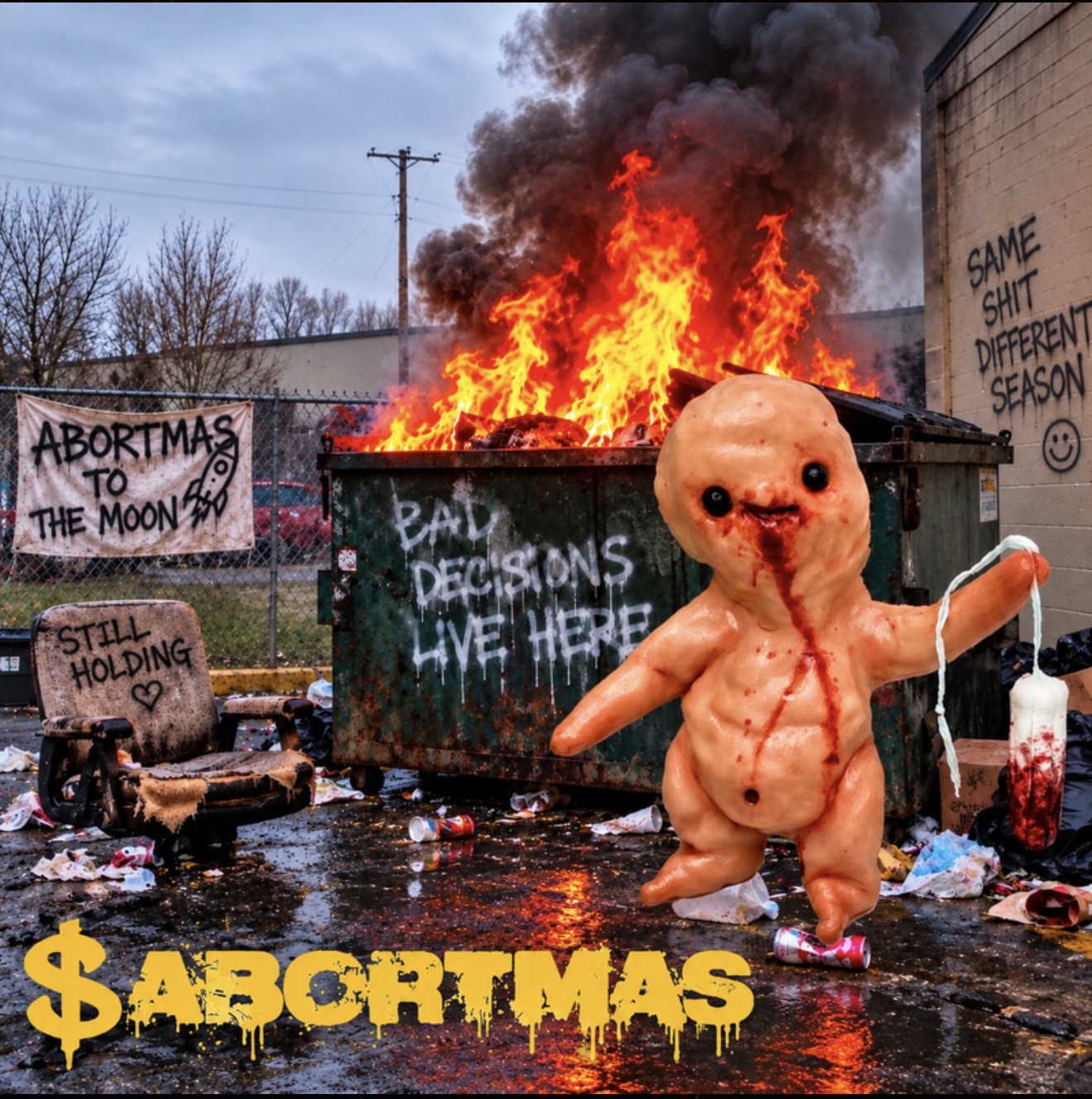 $ABORTMAS mascot by a burning dumpster